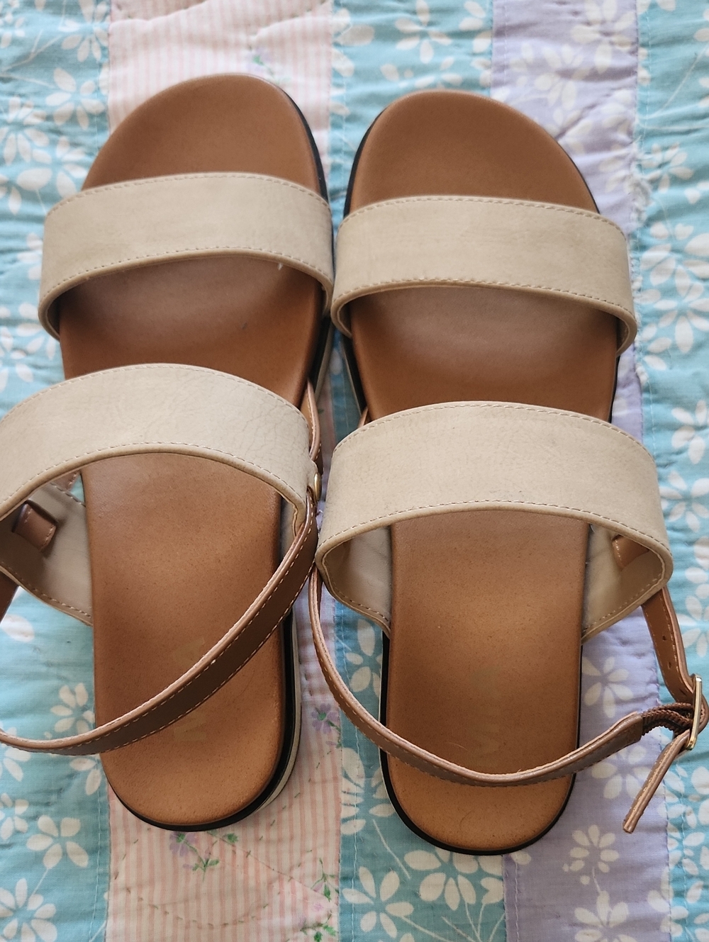 MIA Beige Two-Strap Ankle Buckle Sandals